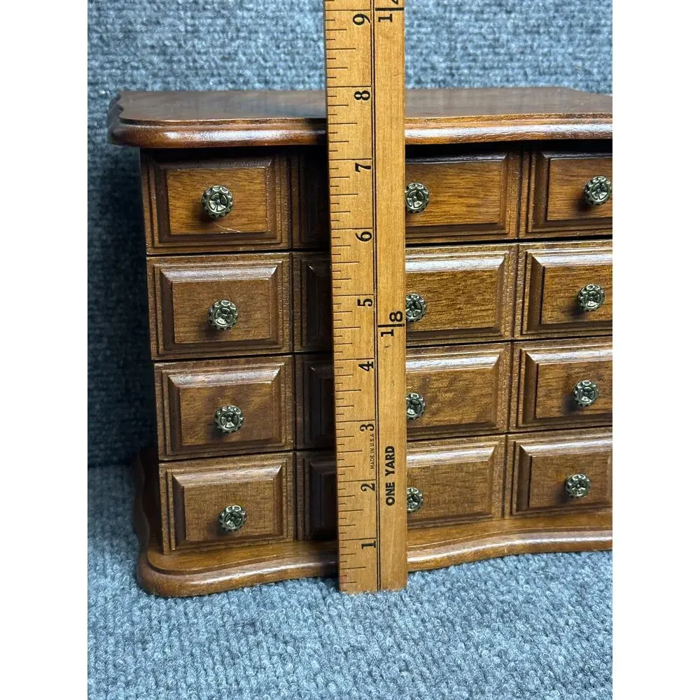 Vintage wooden jewelry box chest drawers hinged top three drawers velvet lined